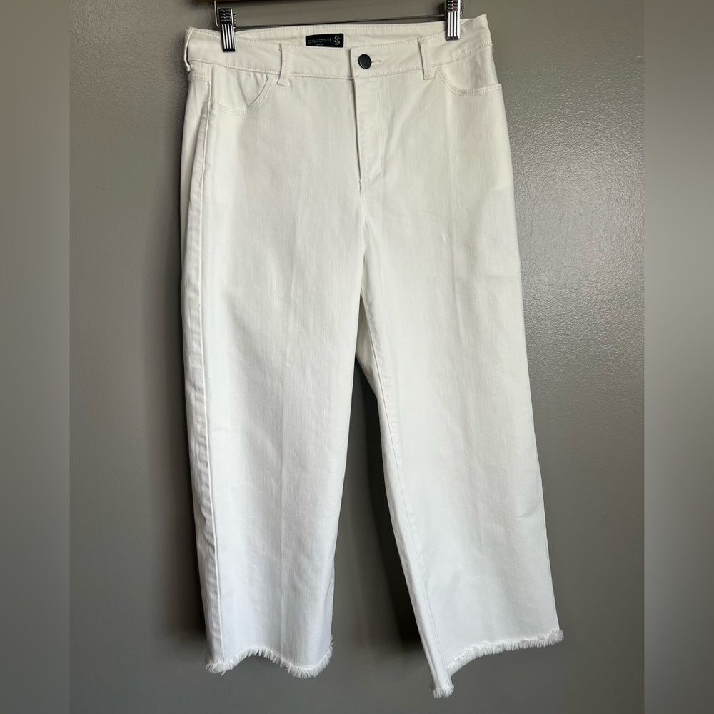 Susan Graver white denim wide leg ankle cropped frayed hem jeans‎ size 2 travel